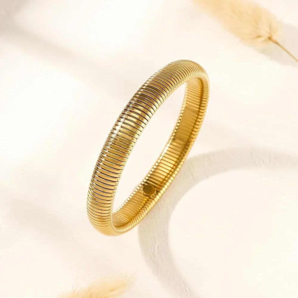 14K Gold Plated Stainless Steel Bangle Bracelets for Women Elegant Chunky